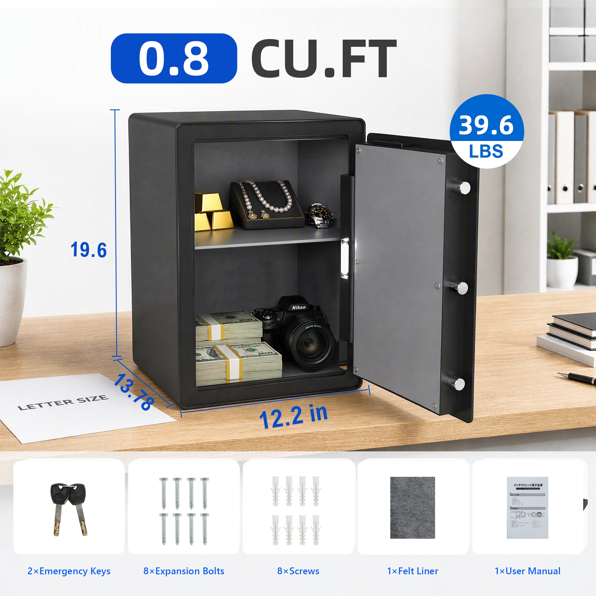 VALINIRT 19.7-Inch Tall Biometric Home Safe with Fingerprint & Digital Keypad, Anti-Pry Design and Alarm