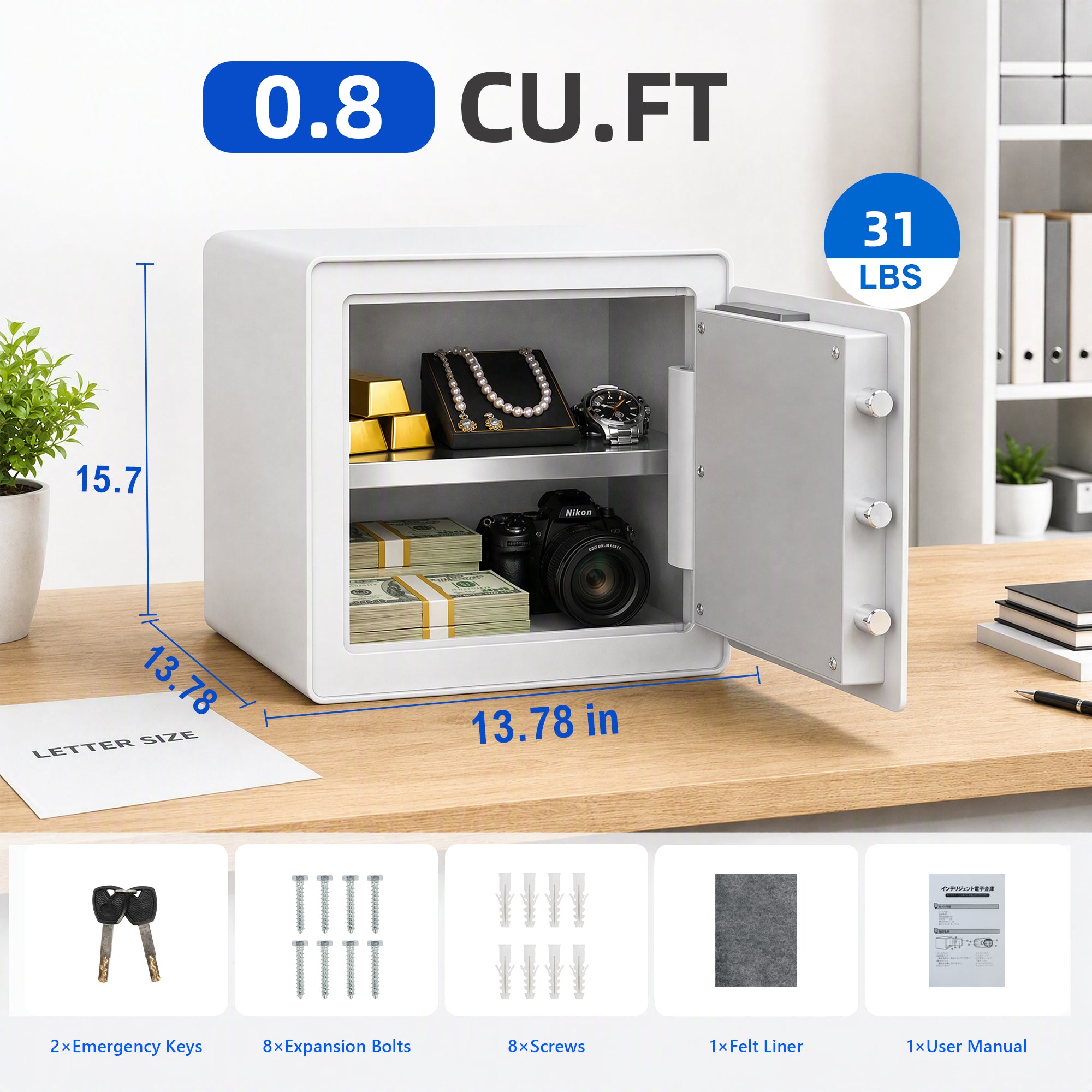 VALINIRT 15.7-Inch Biometric Home Safe with Fingerprint & Digital Keypad, Anti-Pry Design and Alarm