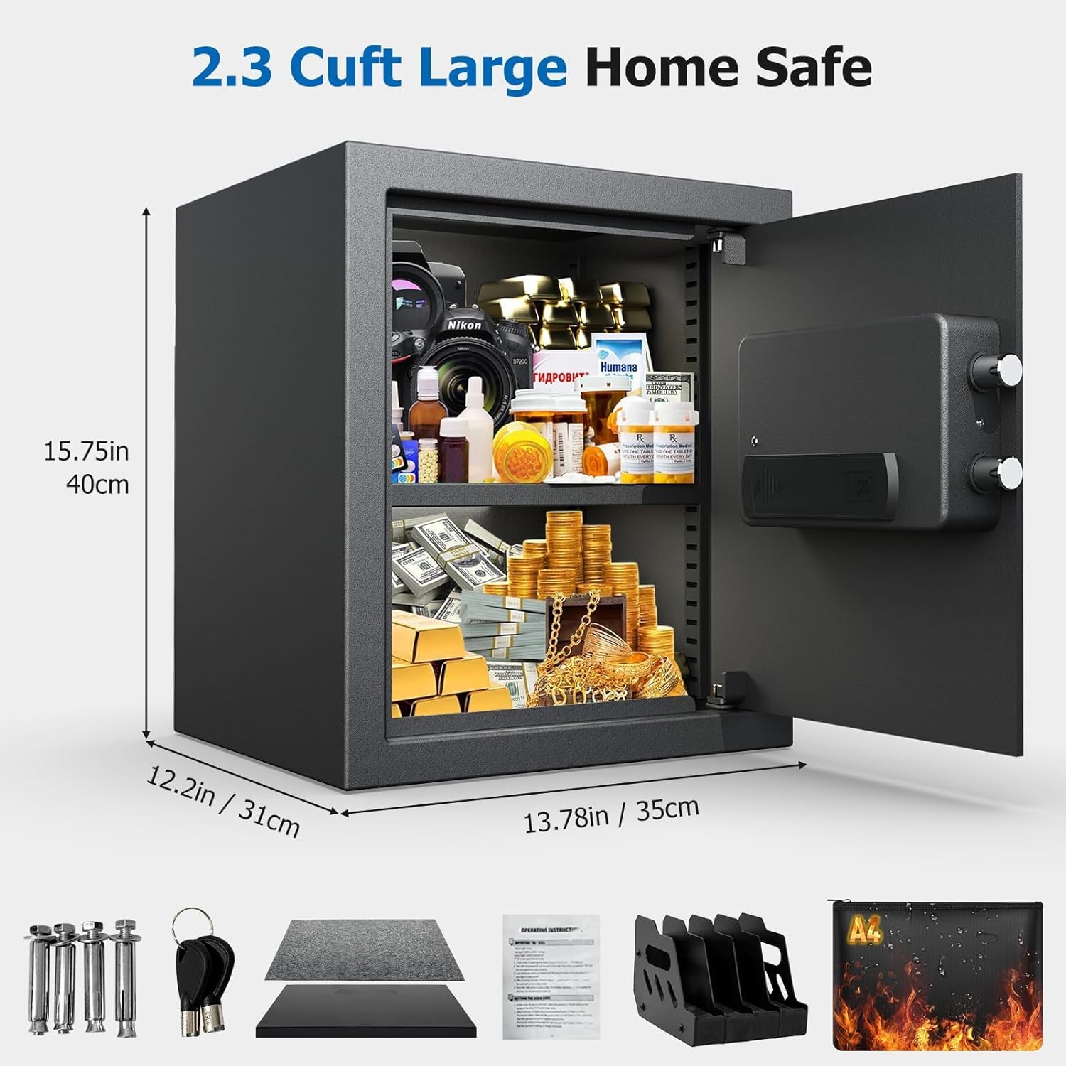 2.3 Cu Ft Fireproof Home Safe with Electronic Keypad & Alarm