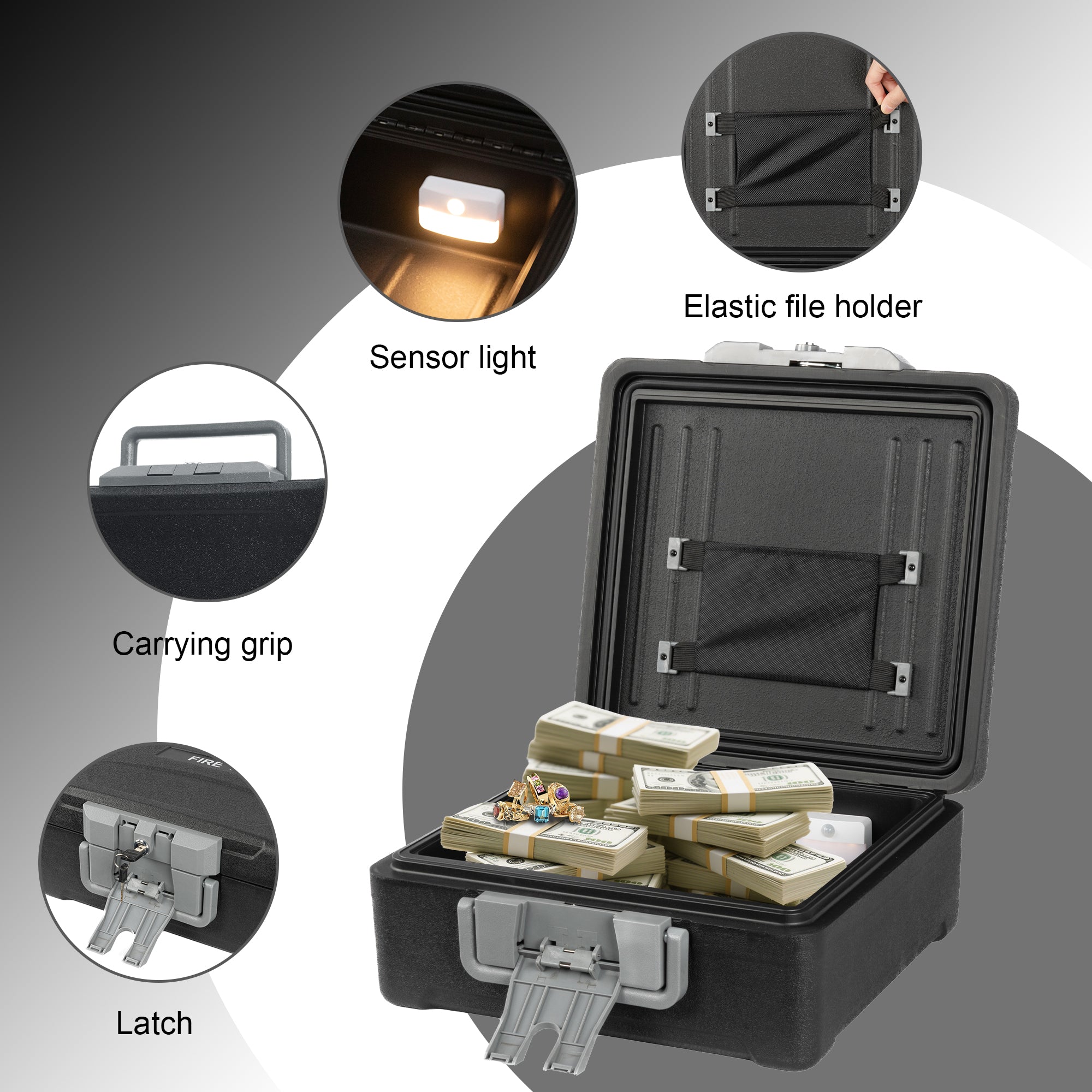 0.94 Cu Ft Fireproof Waterproof Chest Document Safe with Key Lock Strap LED