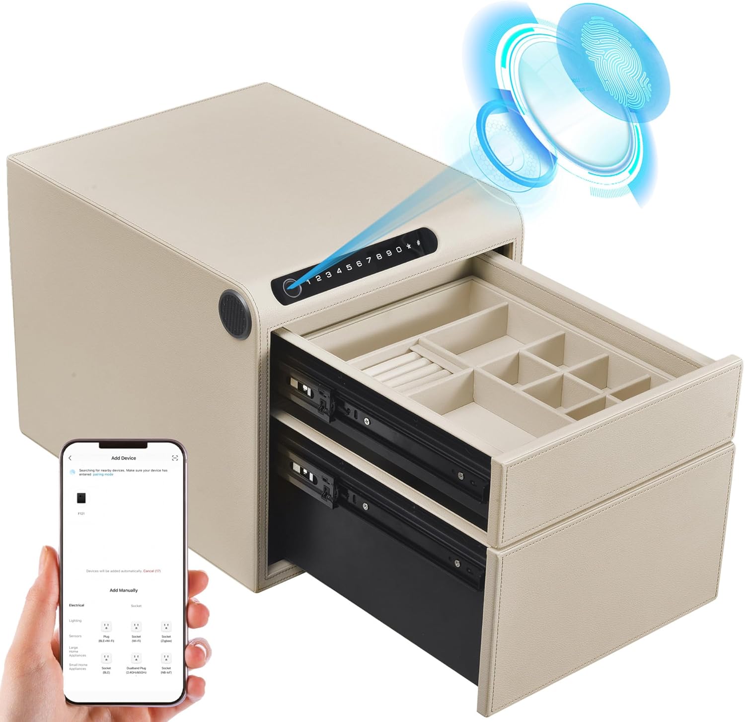 2 Drawers Smart Jewelry Safe Box with Bluetooth, Fingerprint Lock & Auto Open