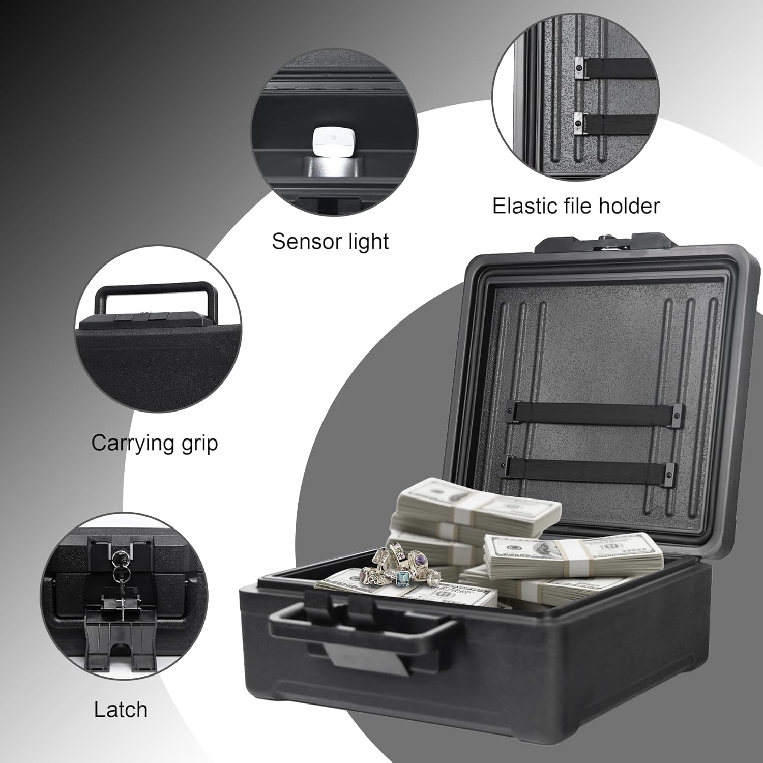 Portable Fireproof Safe Box with Key Lock, LED Light and Strap