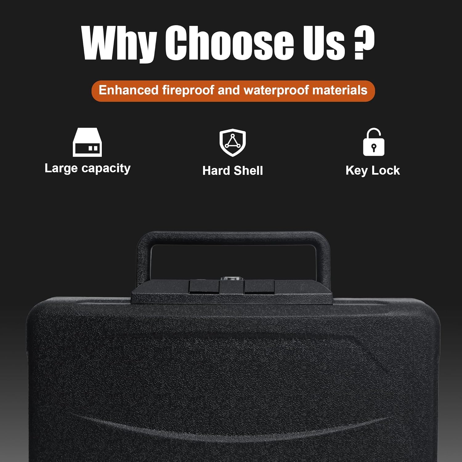 Portable Fireproof Safe Box with Key Lock, LED Light and Strap