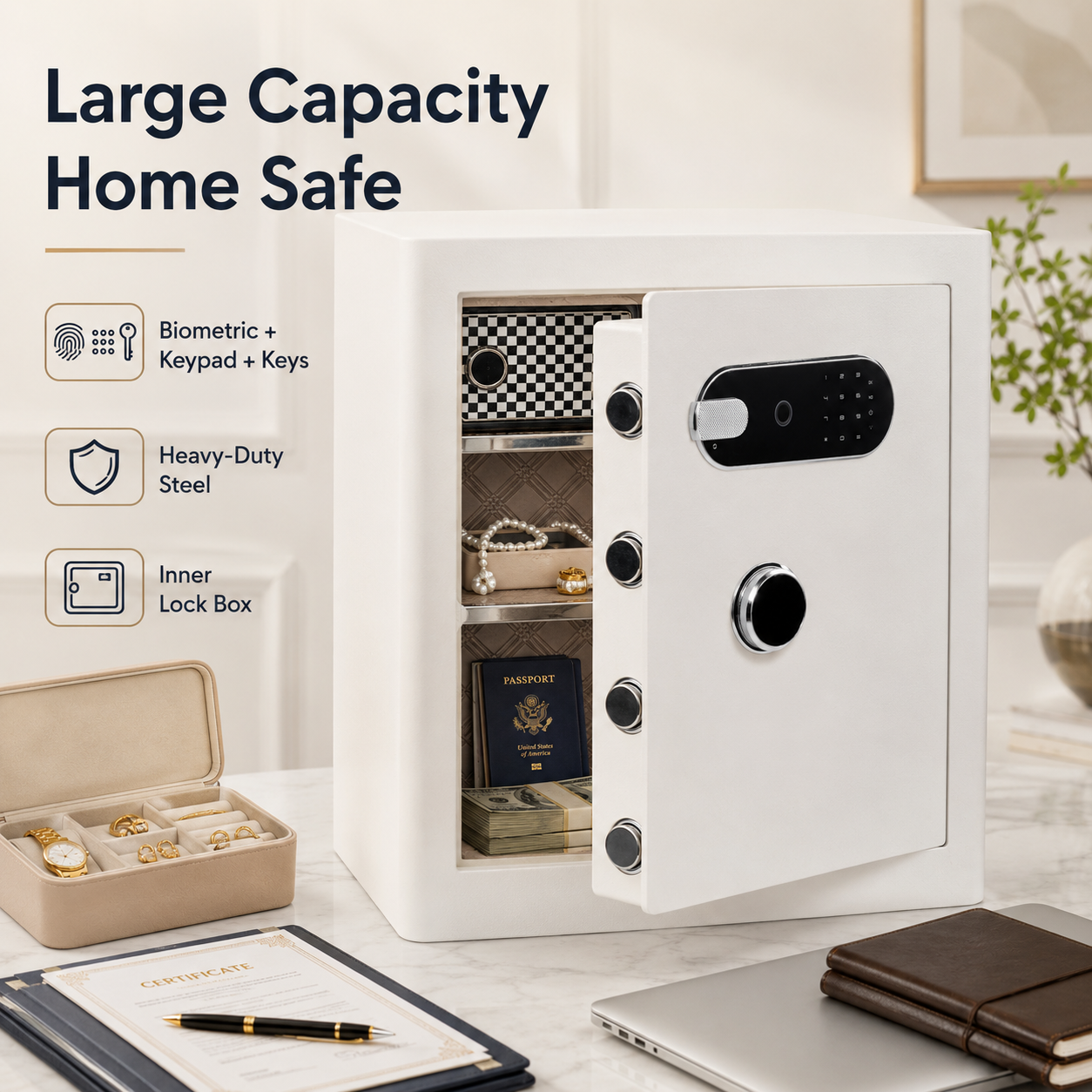 3.38 Cu Biometric Home Safe Box with Fingerprint Lock Dual Alarm and LED Light