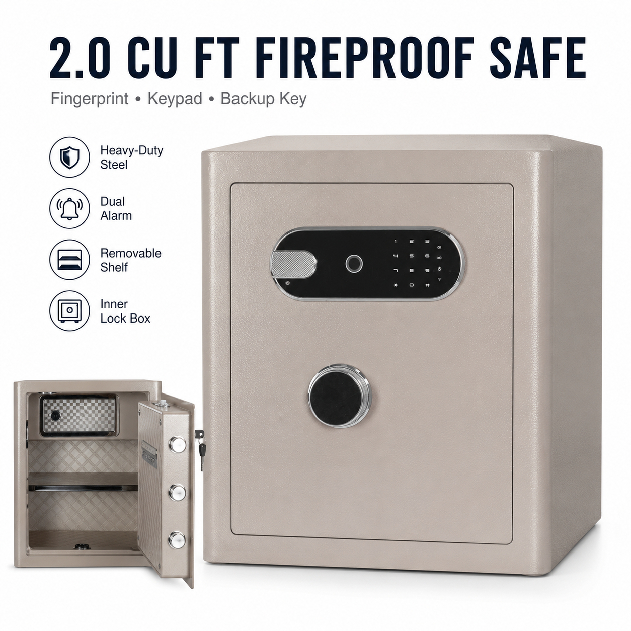 2.0 Cu Ft Vintage Retro Home Safe with Fingerprint Lock and Wheels