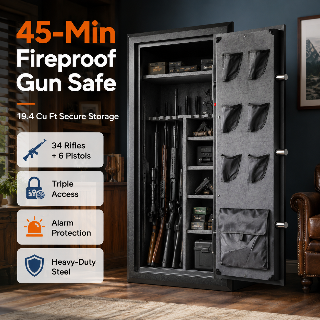 34 Gun Fireproof Rifle Safe with Biometric Lock and Charging Ports