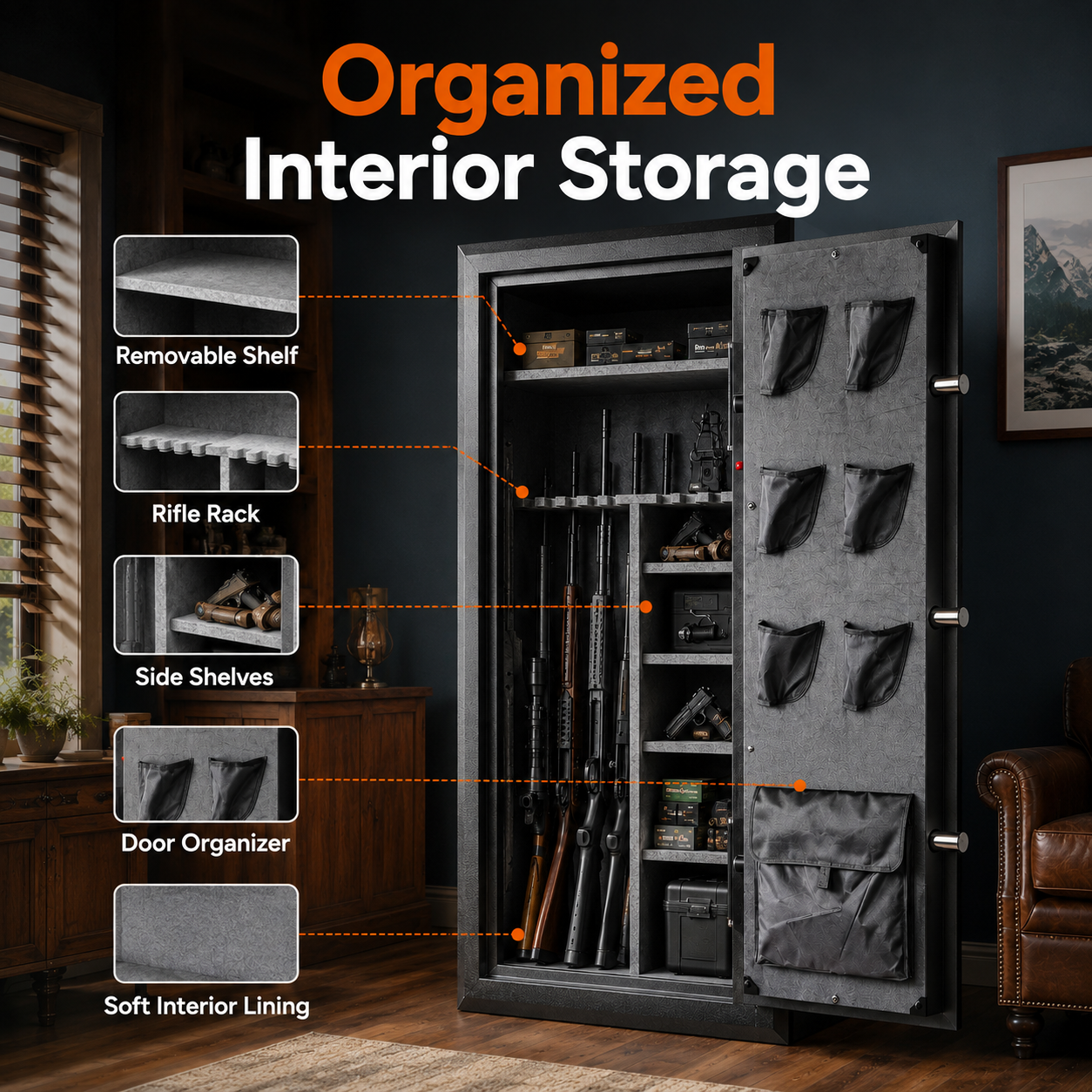 34 Gun Fireproof Rifle Safe with Biometric Lock and Charging Ports