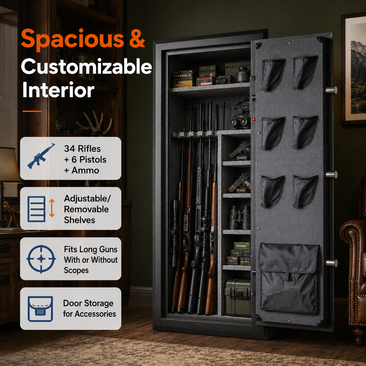 34 Gun Fireproof Rifle Safe with Biometric Lock and Charging Ports