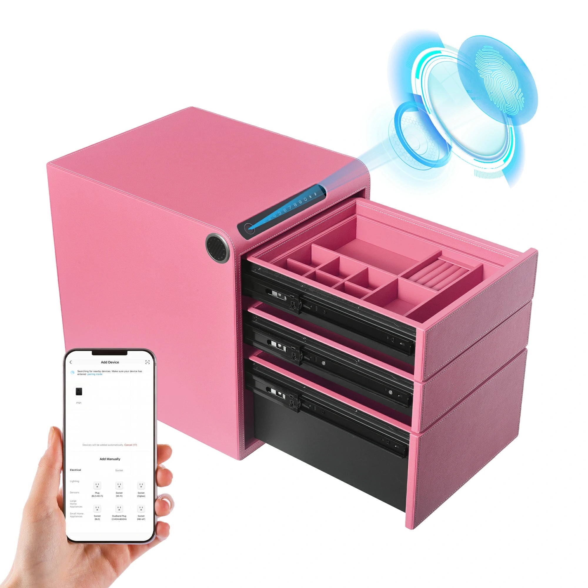 3 Drawers Smart Jewelry Safe Box with Bluetooth, Fingerprint Lock & Auto Open
