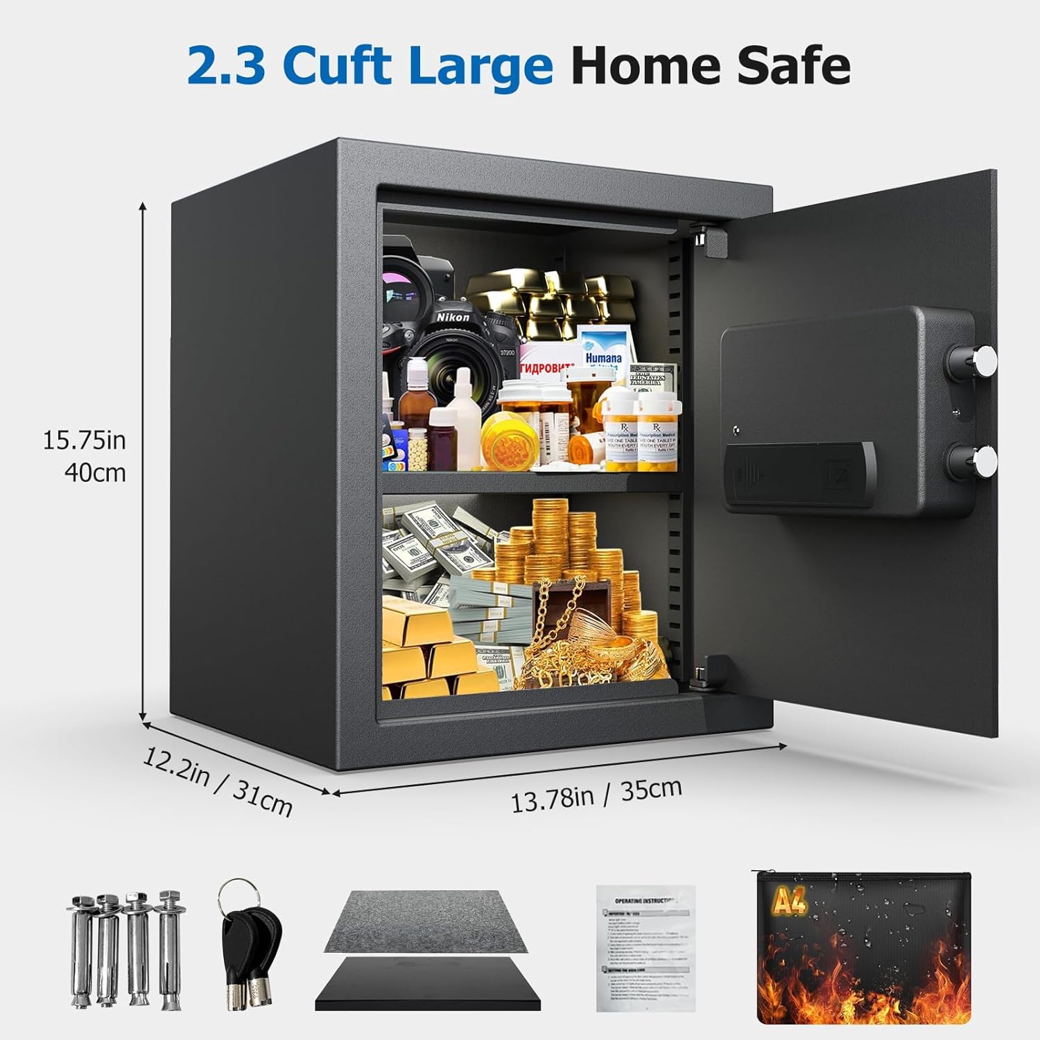 2.3 Cu Ft Fireproof Home Safe with Electronic Keypad & Alarm