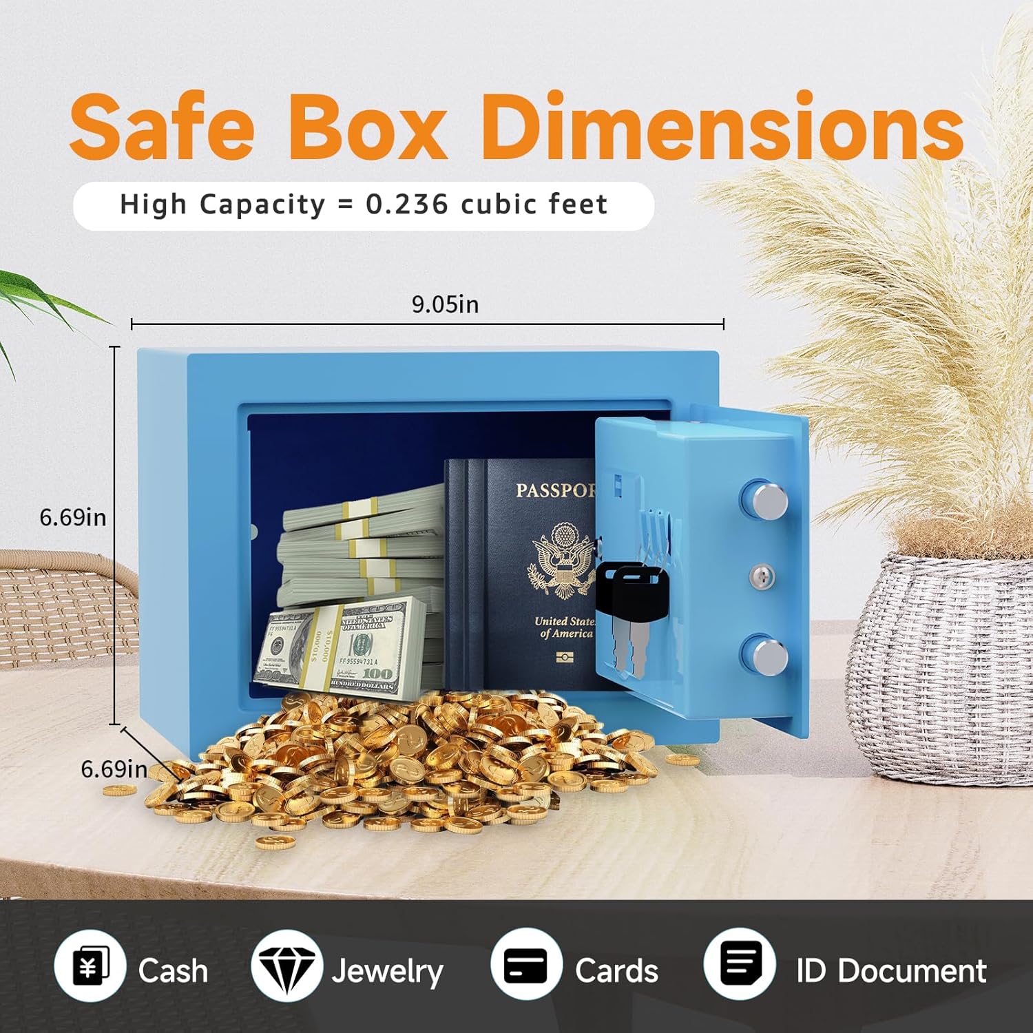 0.23 Cu Ft Small Digital Safe Box with Keypad & Keys, Compact Home Lock Box