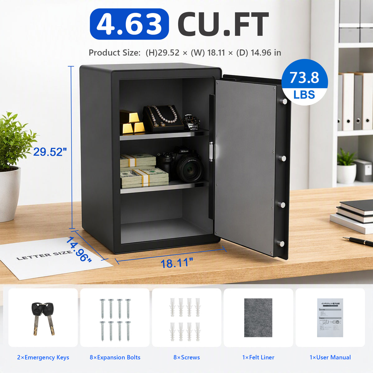 VALINIRT 29.5-Inch Tall Biometric Home Safe with Fingerprint & Digital Keypad, Anti-Pry Design and Alarm