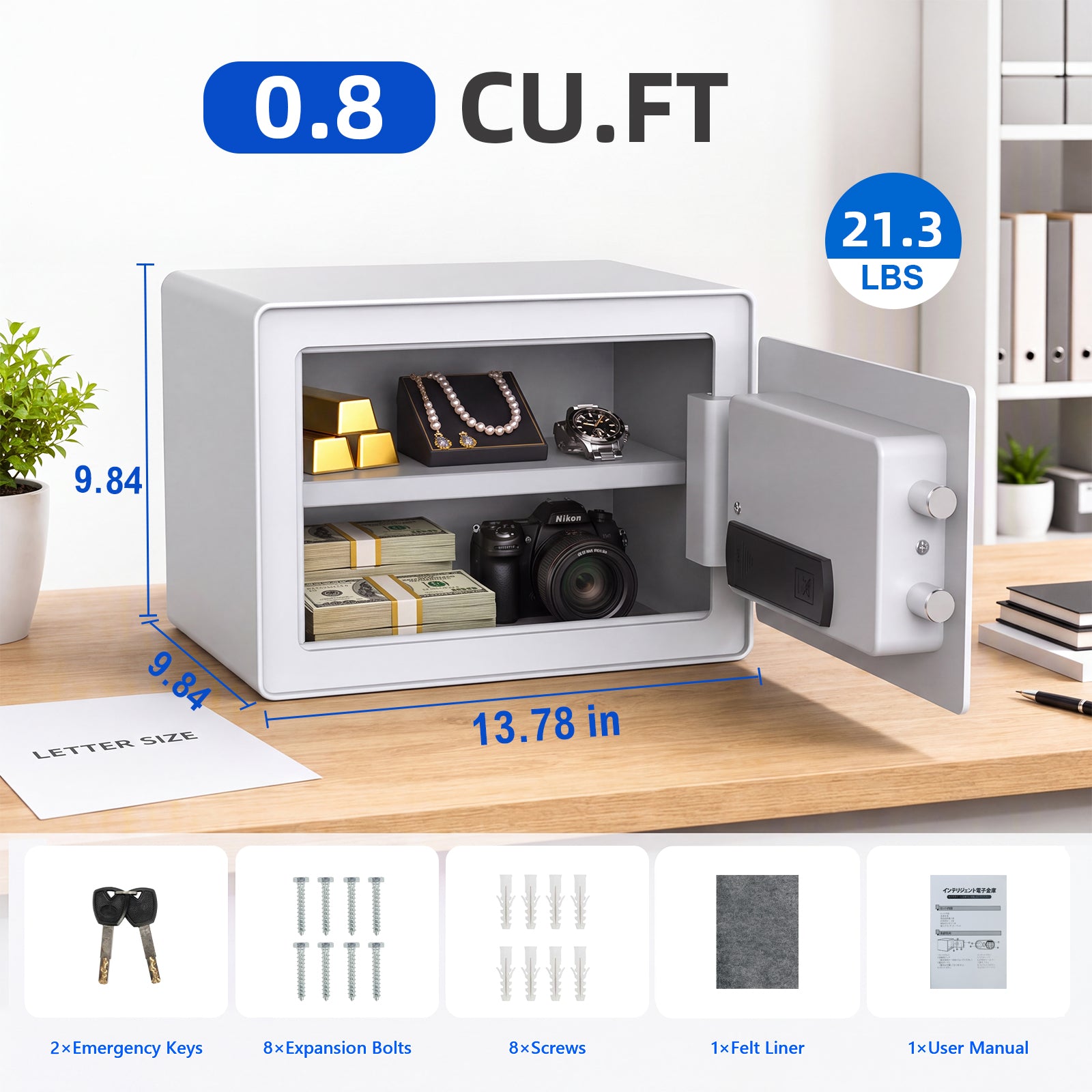 VALINIRT 9.8-Inch Biometric Home Safe with Fingerprint & Digital Keypad, Anti-Pry Design and Alarm