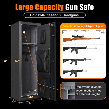14 Gun Fireproof Rifle Safe with Biometric Fingerprint Lock and Charging Ports