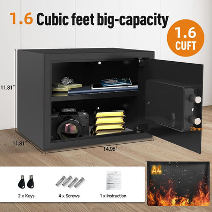 1.6 Cu Ft Fireproof Safe Box with Keypad & Key, Charging Port