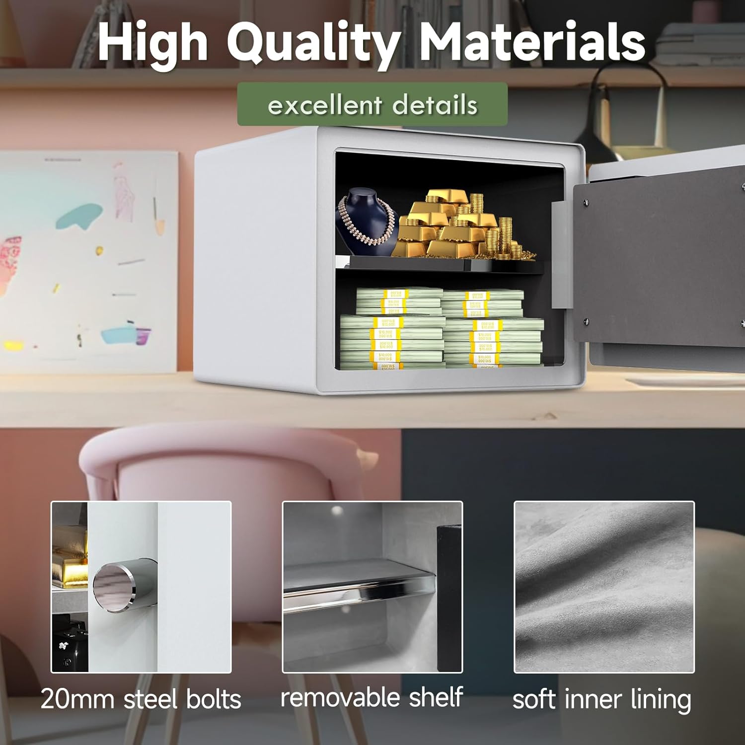 1.6 Cu Ft Fingerprint Jewelry Safe Box White Steel, Alarm & Shelf