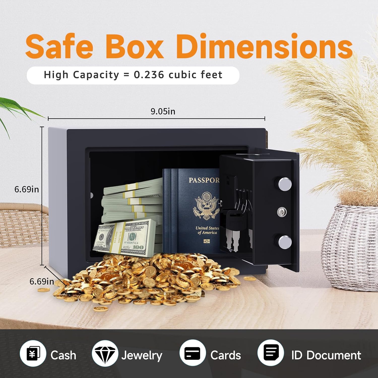 0.23 Cu Ft Small Digital Safe Box with Keypad & Keys, Compact Home Lock Box