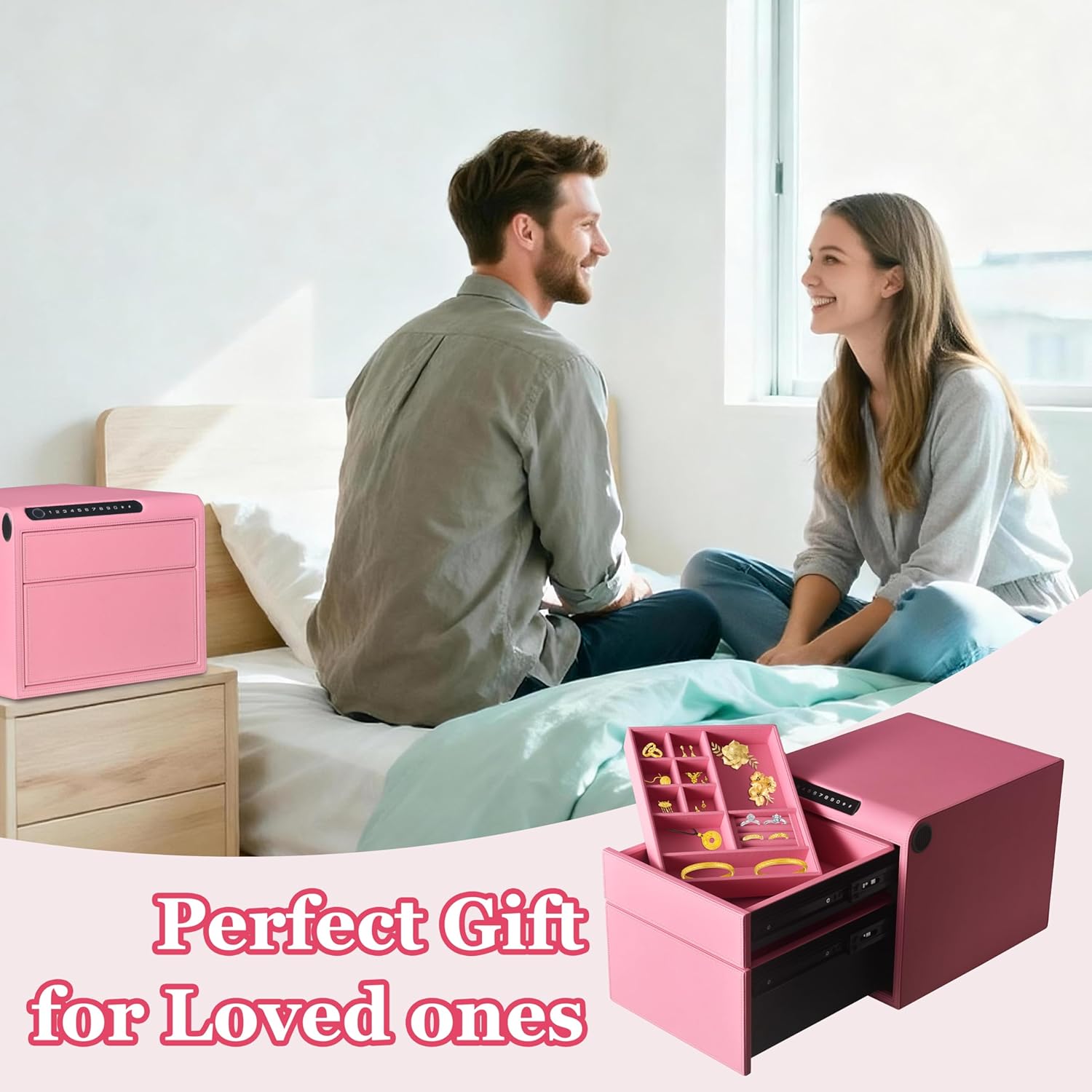 2 Drawers Smart Jewelry Safe Box with Bluetooth, Fingerprint Lock & Auto Open