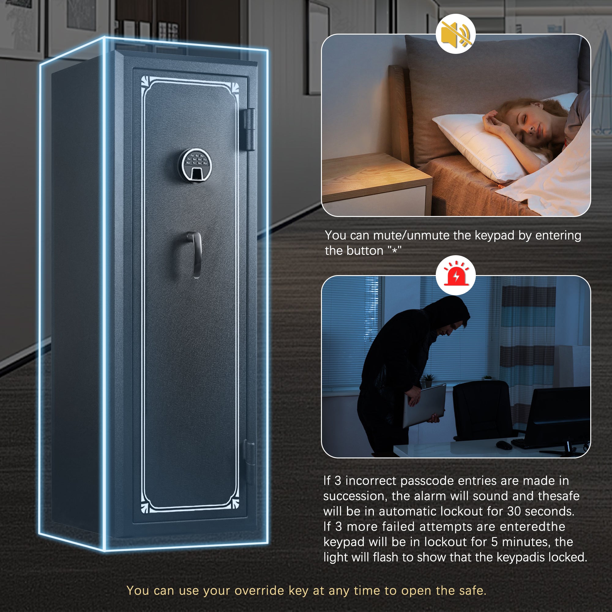 14 Gun Fireproof Rifle Safe with Biometric Fingerprint Lock and Charging Ports