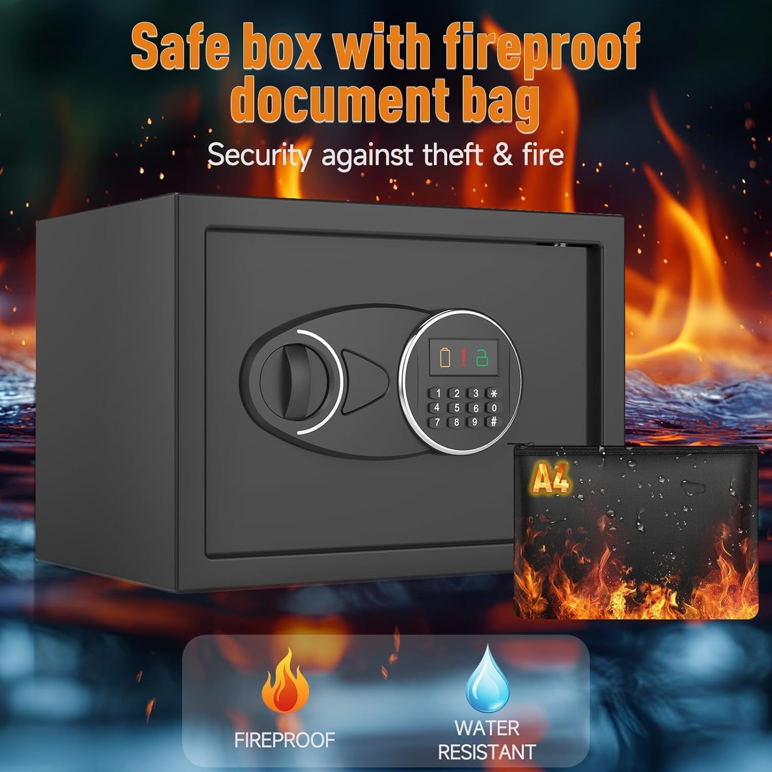 1.6 Cu Ft Fireproof Safe Box with Keypad & Key, Charging Port