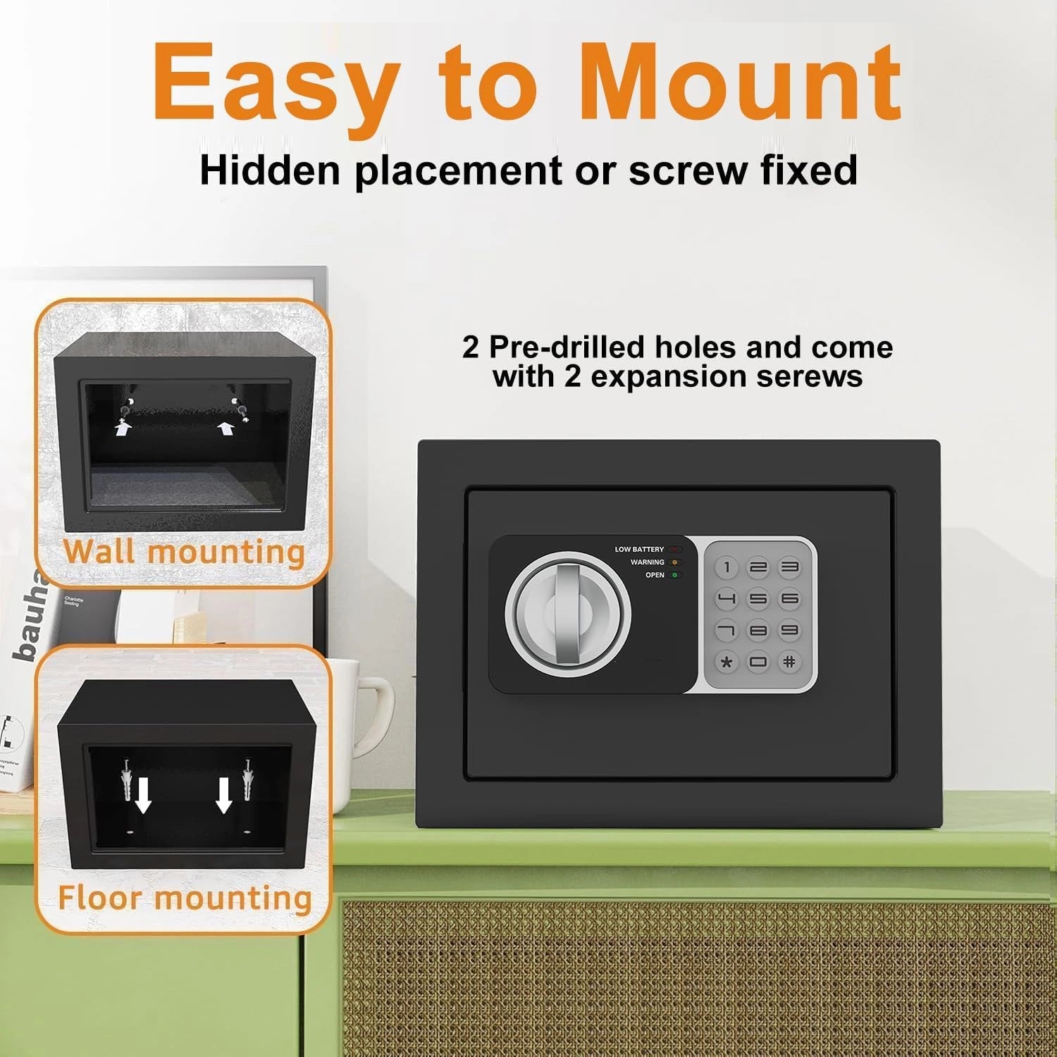 0.24 cu ft Small Electronic Safe Box with Key, Wall or Cabinet Mount