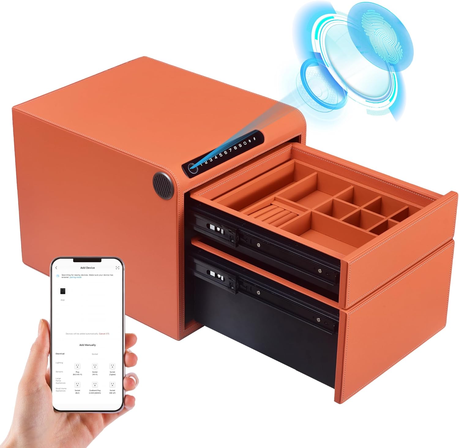 2 Drawers Smart Jewelry Safe Box with Bluetooth, Fingerprint Lock & Auto Open