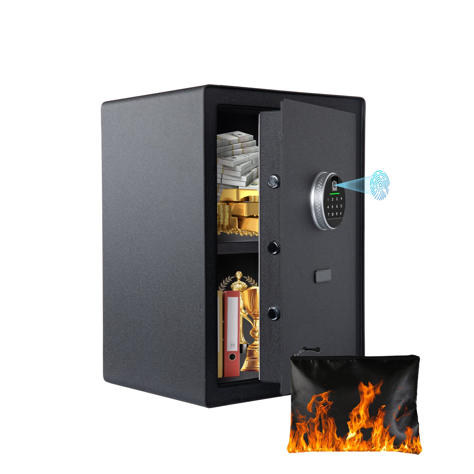 2.0 Cu Ft Home Safe with Fingerprint Lock Alarm Fireproof Bag - Black