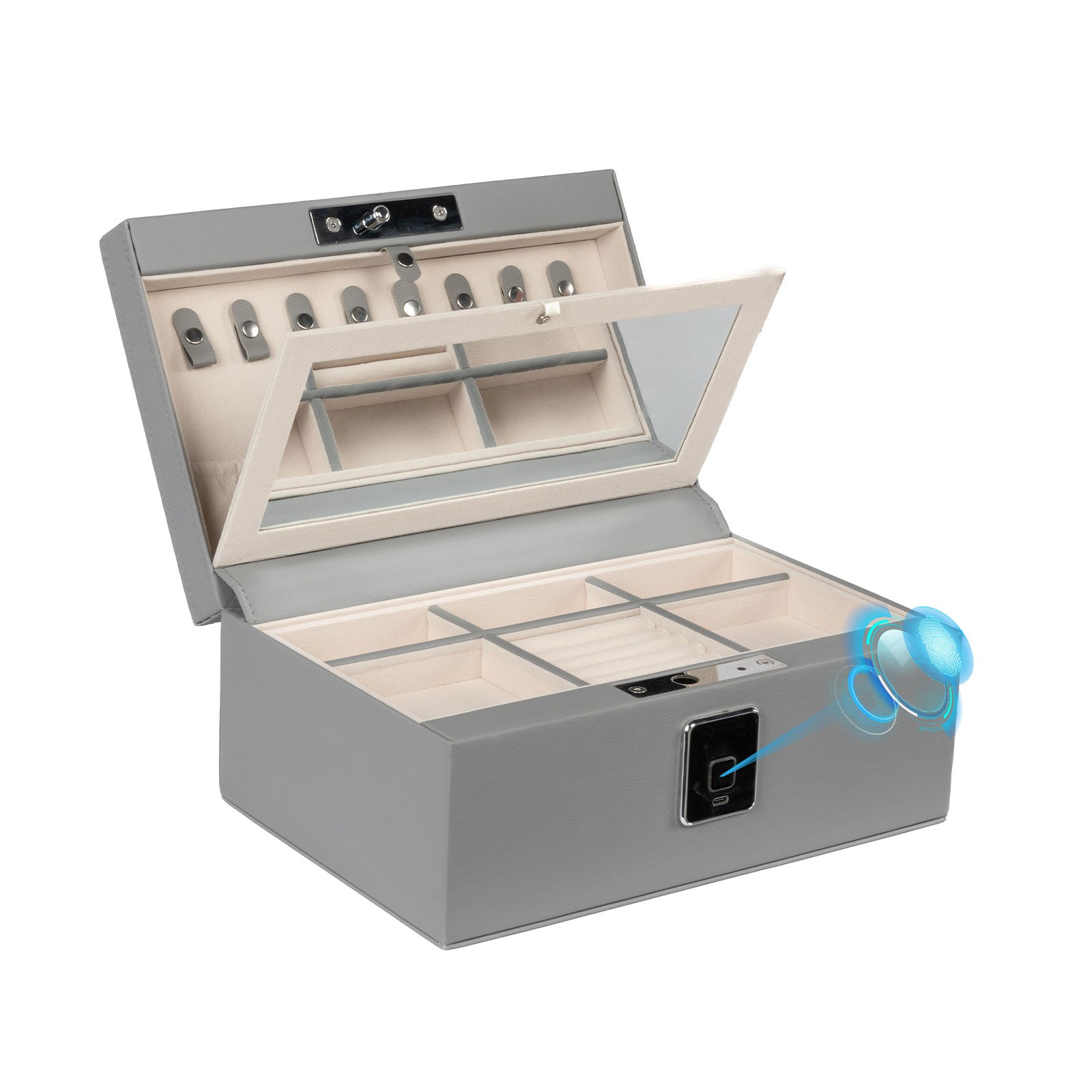 Biometric Fingerprint Safe Leather Wrapped Jewelry Box with Lock & Mirror