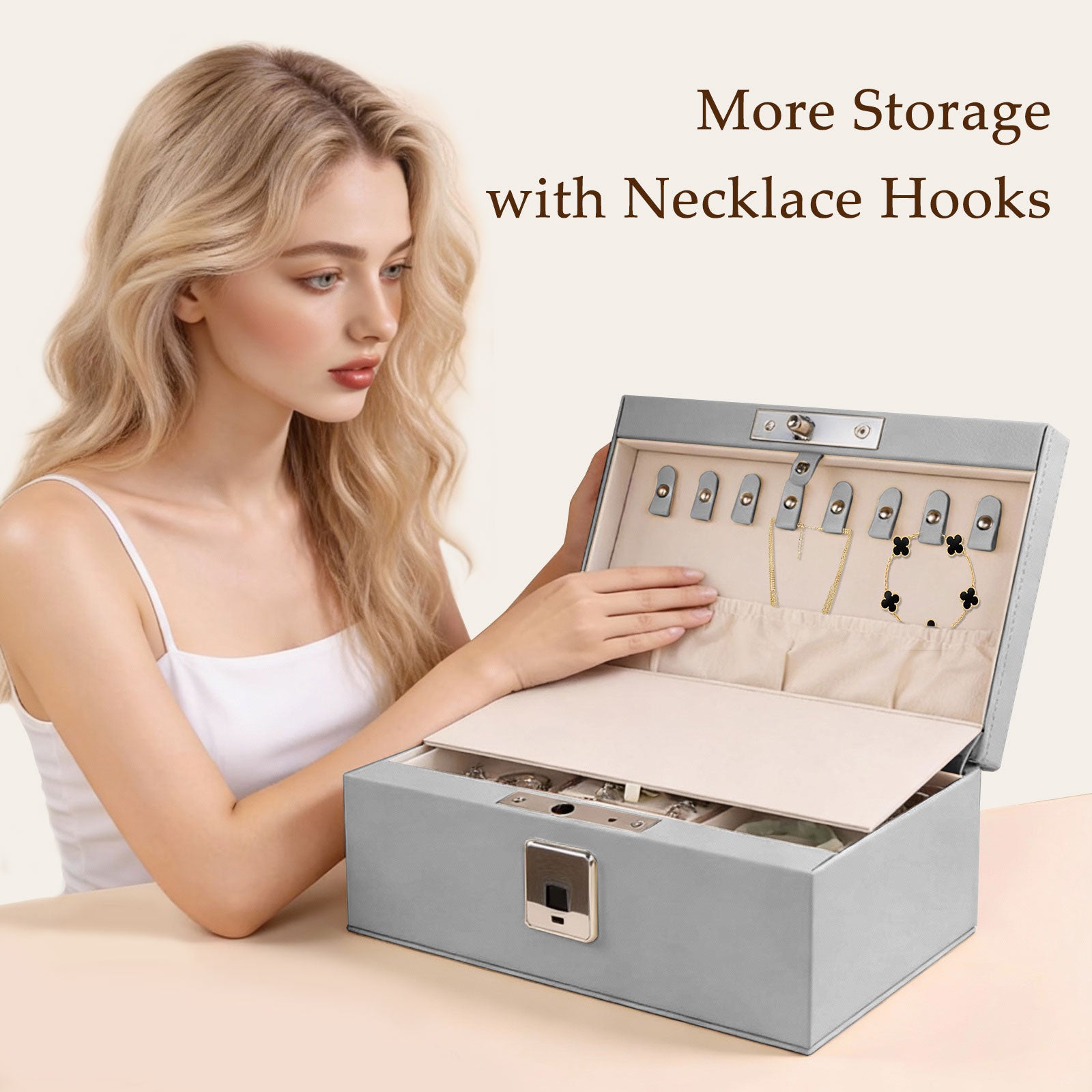 Biometric Fingerprint Safe Leather Wrapped Jewelry Box with Lock & Mirror