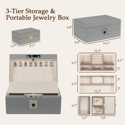 Biometric Fingerprint Safe Leather Wrapped Jewelry Box with Lock & Mirror