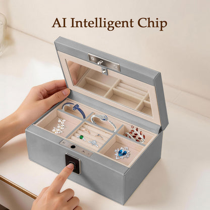 Biometric Fingerprint Safe Leather Wrapped Jewelry Box with Lock & Mirror