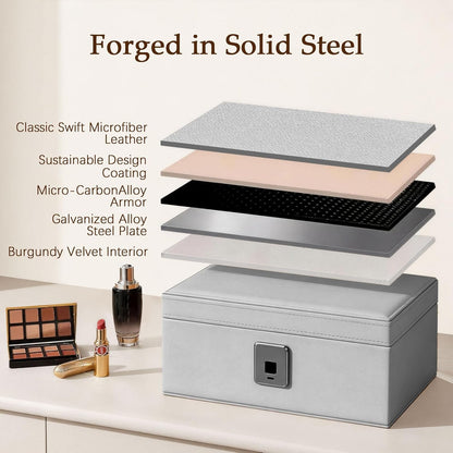 Biometric Fingerprint Safe Leather Wrapped Jewelry Box with Lock & Mirror