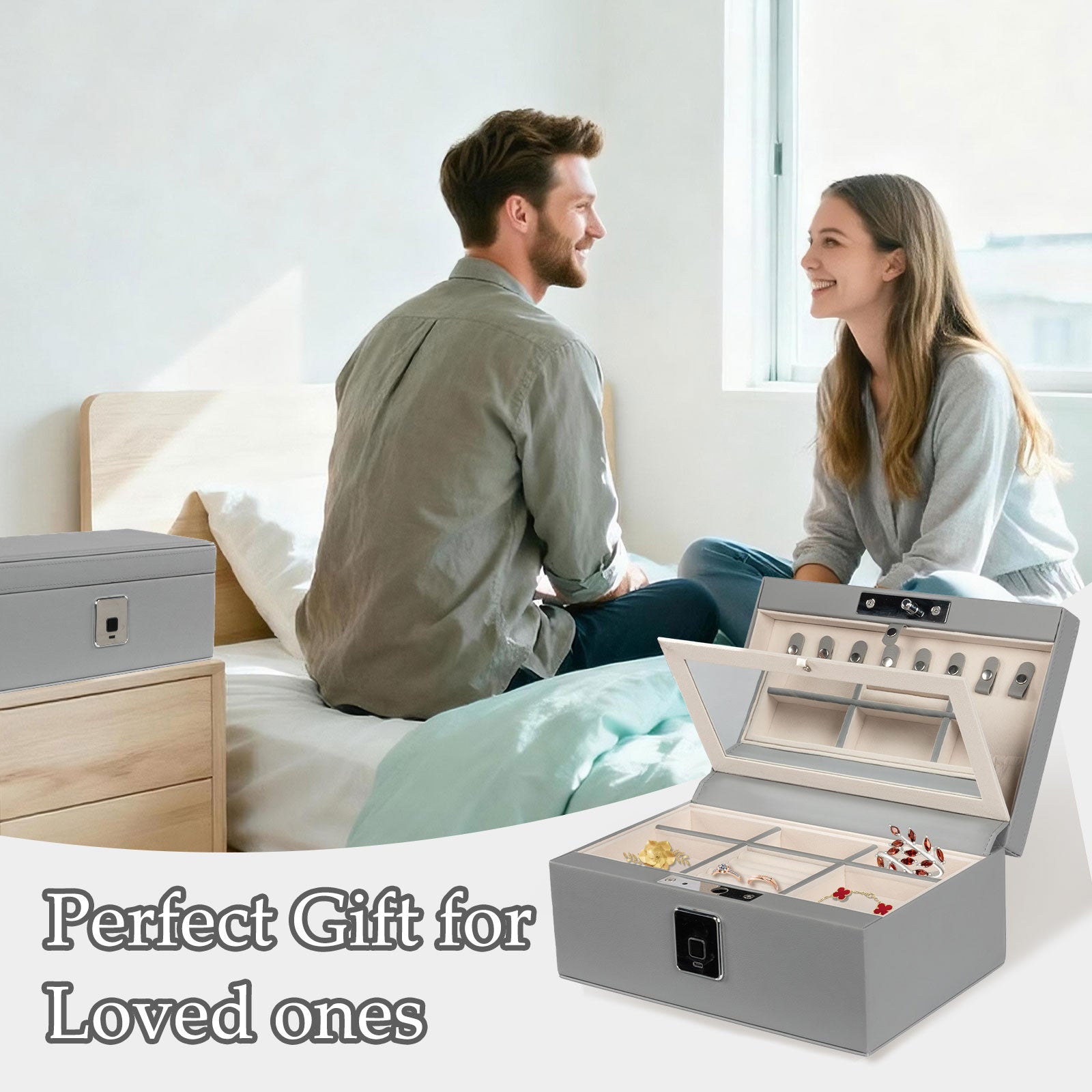 Biometric Fingerprint Safe Leather Wrapped Jewelry Box with Lock & Mirror