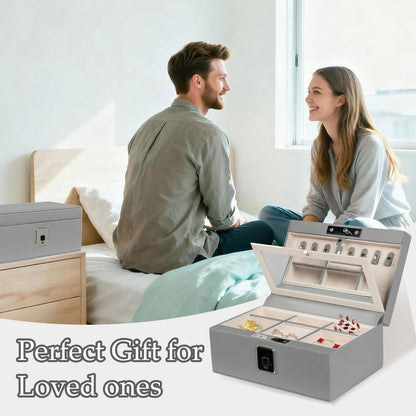 Biometric Fingerprint Safe Leather Wrapped Jewelry Box with Lock & Mirror