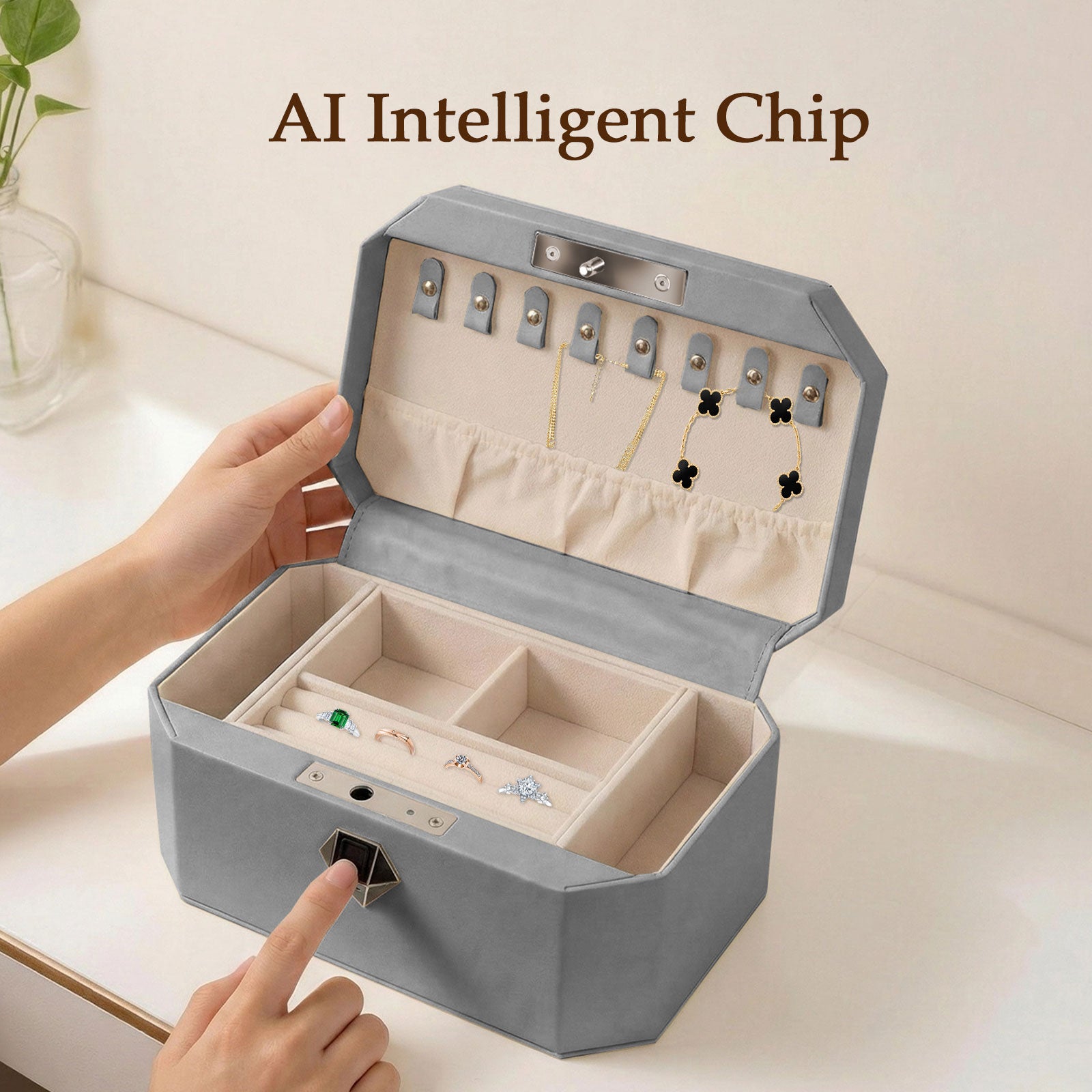 Biometric Fingerprint safe Leather Wrapped Jewelry Box with Lock