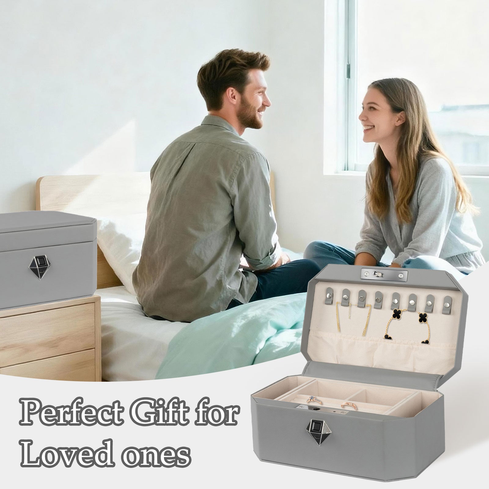 Biometric Fingerprint safe Leather Wrapped Jewelry Box with Lock