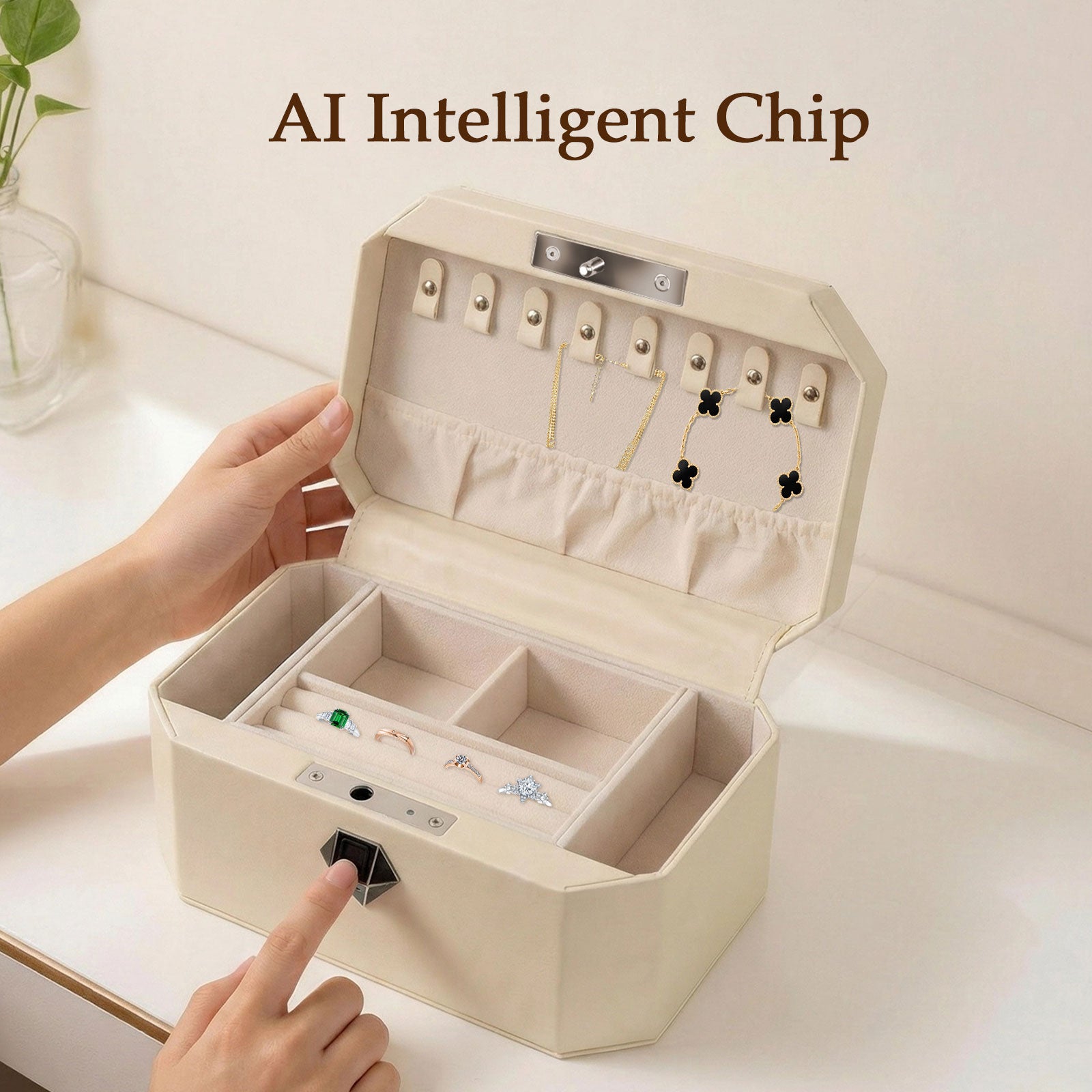 Biometric Fingerprint safe Leather Wrapped Jewelry Box with Lock