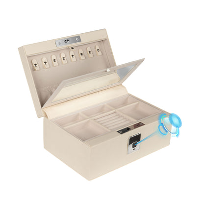 Biometric Fingerprint Safe Leather Wrapped Jewelry Box with Lock & Mirror