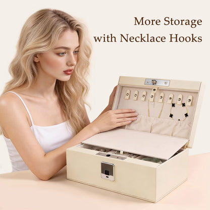 Biometric Fingerprint Safe Leather Wrapped Jewelry Box with Lock & Mirror