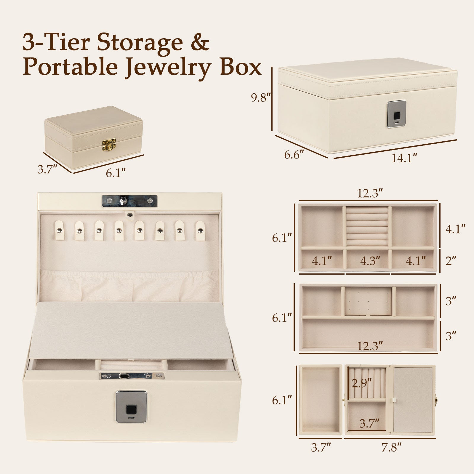 Biometric Fingerprint Safe Leather Wrapped Jewelry Box with Lock & Mirror