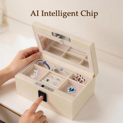 Biometric Fingerprint Safe Leather Wrapped Jewelry Box with Lock & Mirror