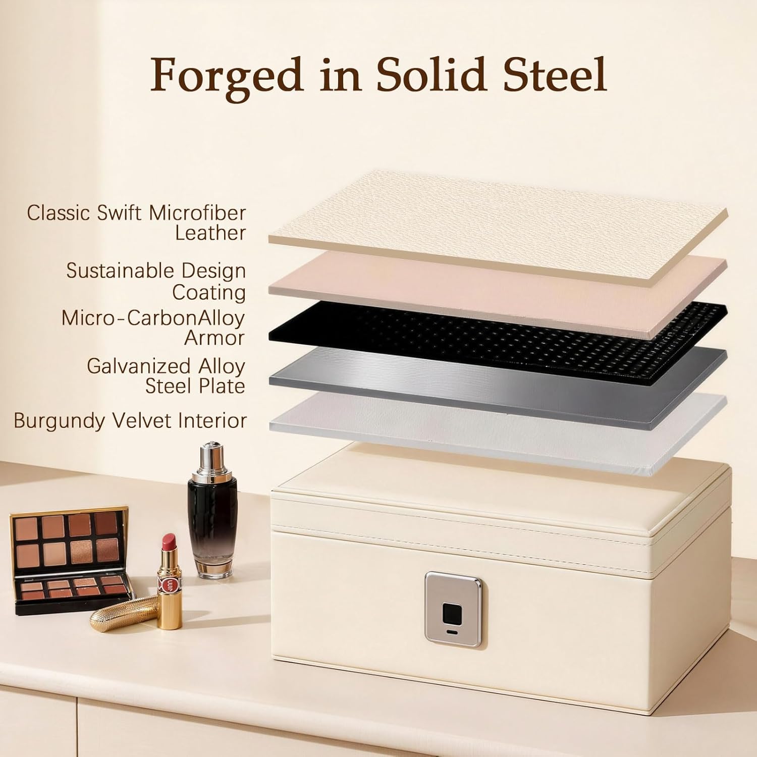 Biometric Fingerprint Safe Leather Wrapped Jewelry Box with Lock & Mirror