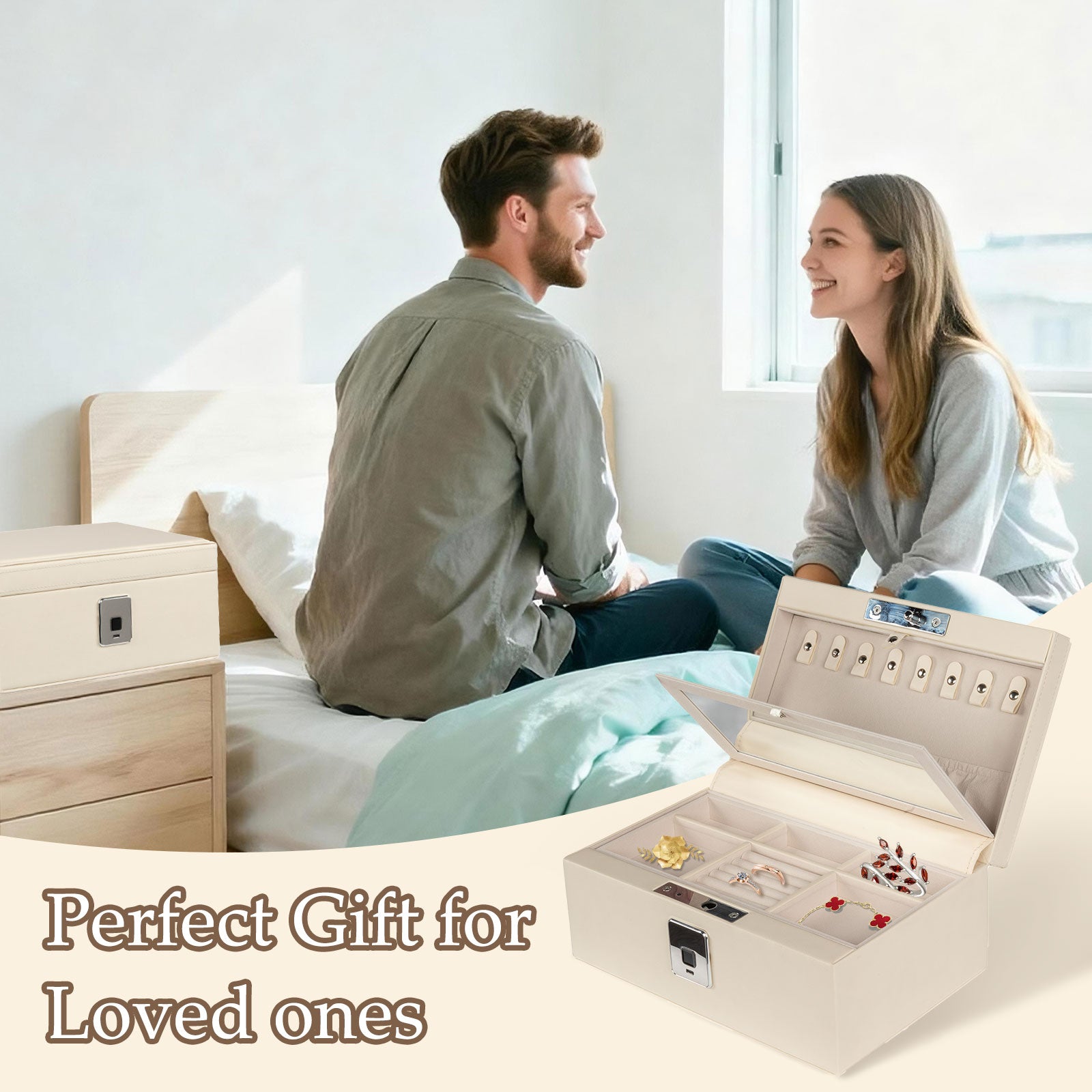 Biometric Fingerprint Safe Leather Wrapped Jewelry Box with Lock & Mirror