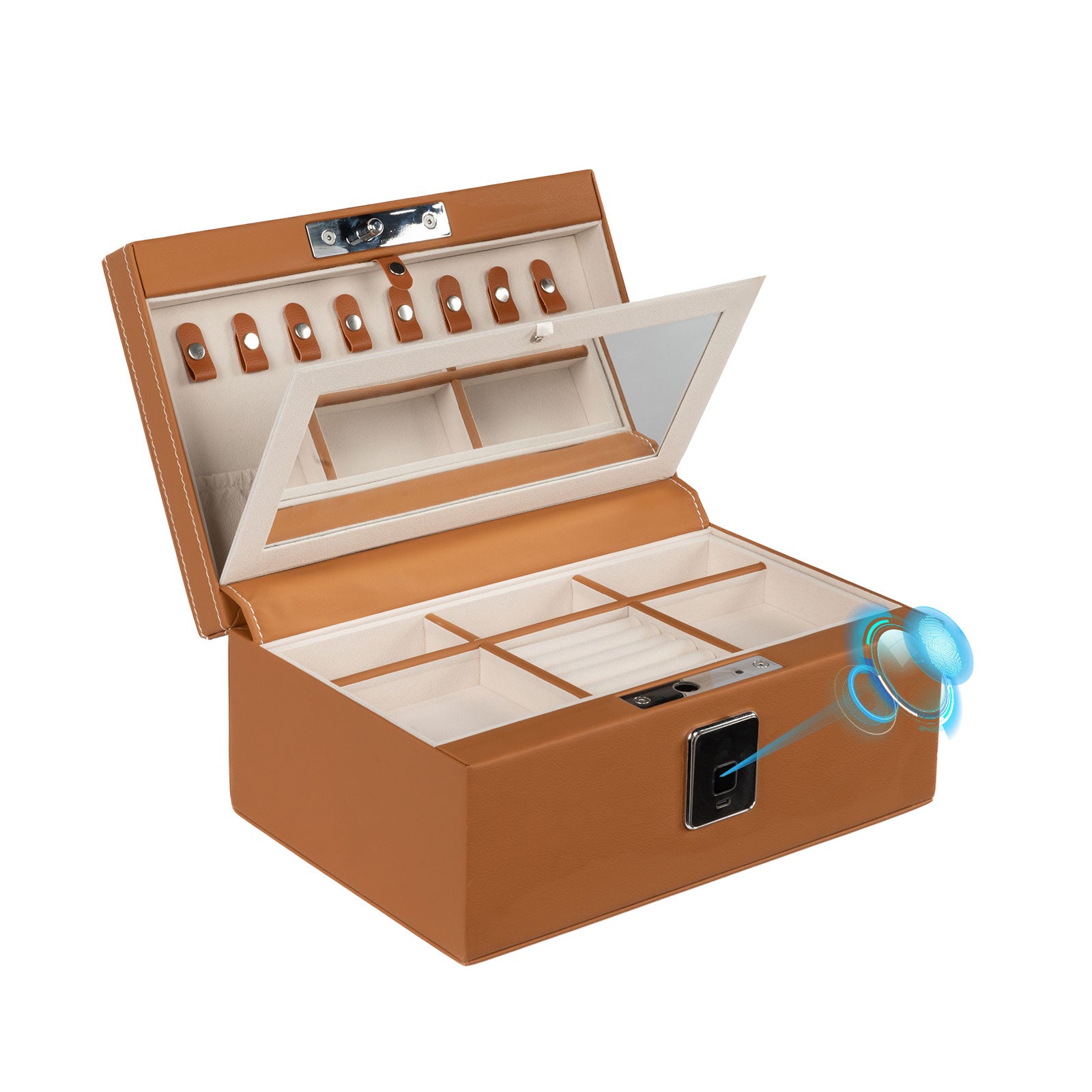 Biometric Fingerprint Safe Leather Wrapped Jewelry Box with Lock & Mirror