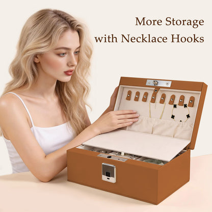 Biometric Fingerprint Safe Leather Wrapped Jewelry Box with Lock & Mirror