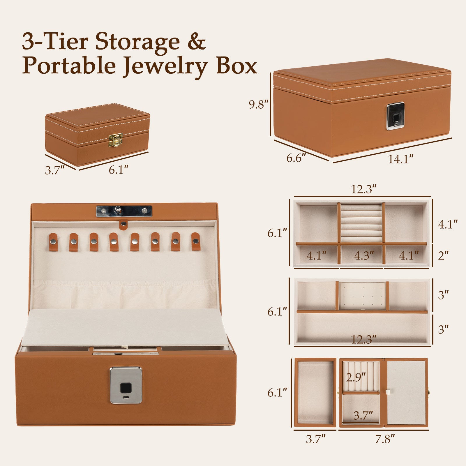 Biometric Fingerprint Safe Leather Wrapped Jewelry Box with Lock & Mirror