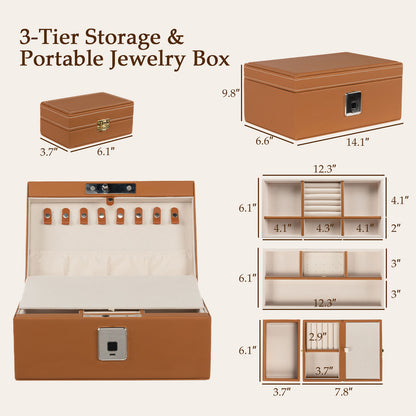 Biometric Fingerprint Safe Leather Wrapped Jewelry Box with Lock & Mirror