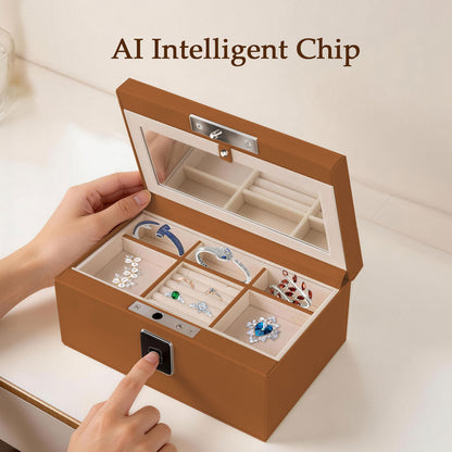 Biometric Fingerprint Safe Leather Wrapped Jewelry Box with Lock & Mirror