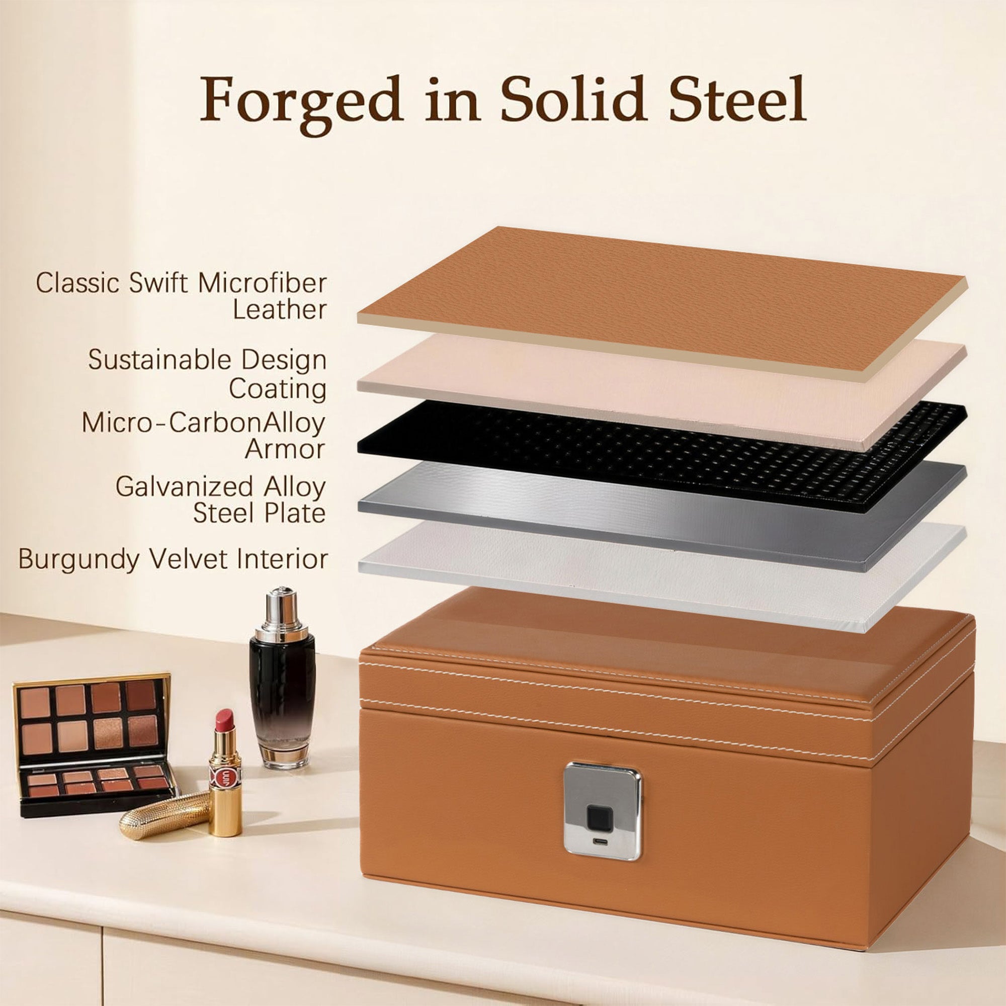 Biometric Fingerprint Safe Leather Wrapped Jewelry Box with Lock & Mirror