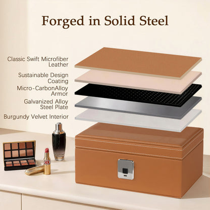 Biometric Fingerprint Safe Leather Wrapped Jewelry Box with Lock & Mirror